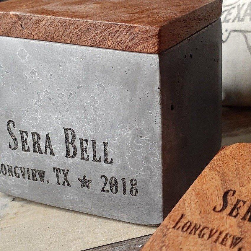 Personalize your Texas Generation box with up to three lines on the backside of the vessel or the bottom of the wooden lid.